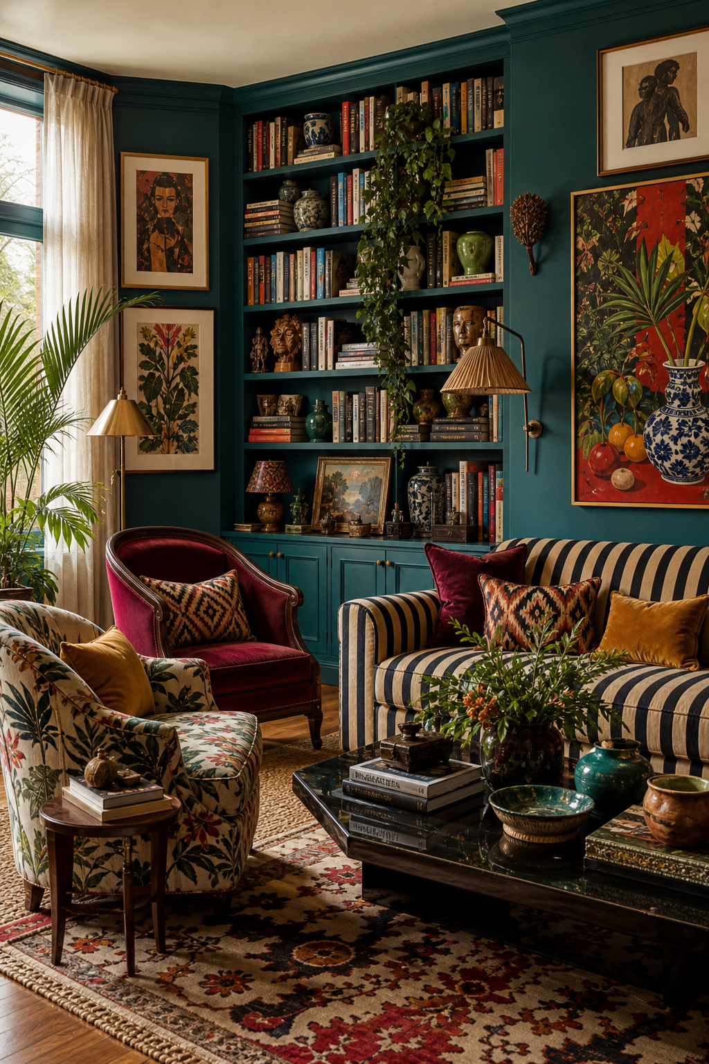 Biblioteca residencial colorida com poltronas estampadas