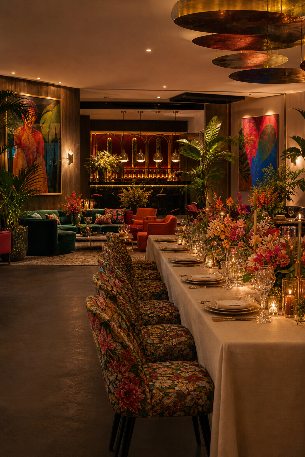 Espaço de eventos com mesa posta, bar e decoração colorida