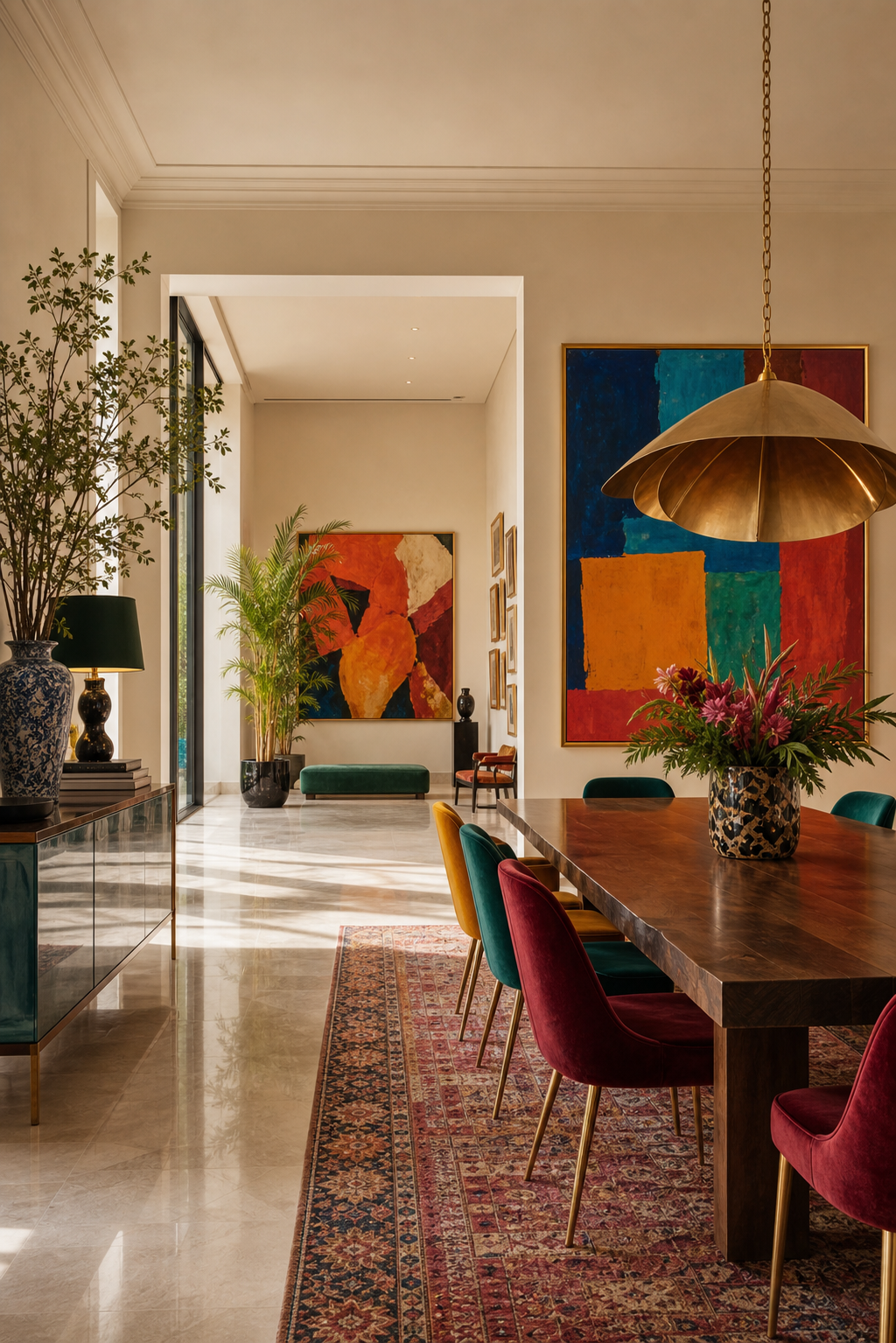 Sala de jantar ampla com arte colorida e poucos móveis