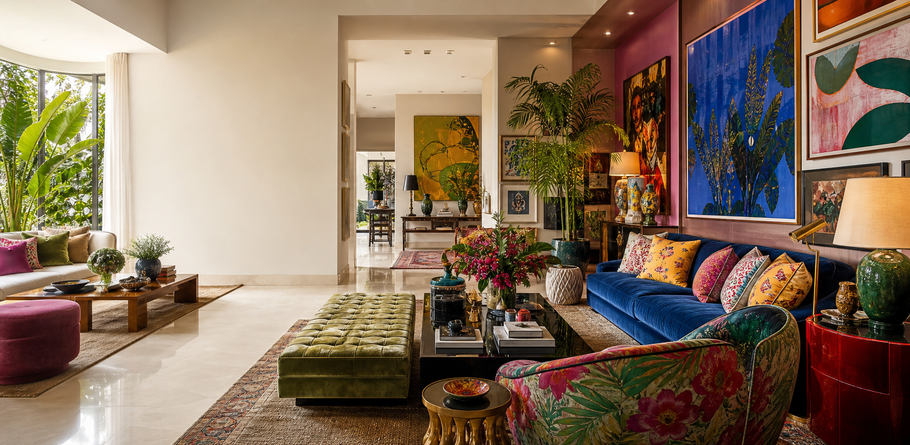 Sala ampla com decoração colorida e sofisticada
