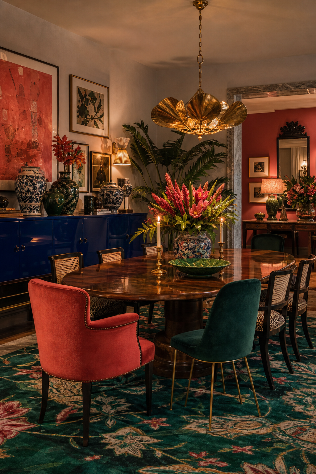 Sala de jantar maximalista com tapete verde e arte colorida