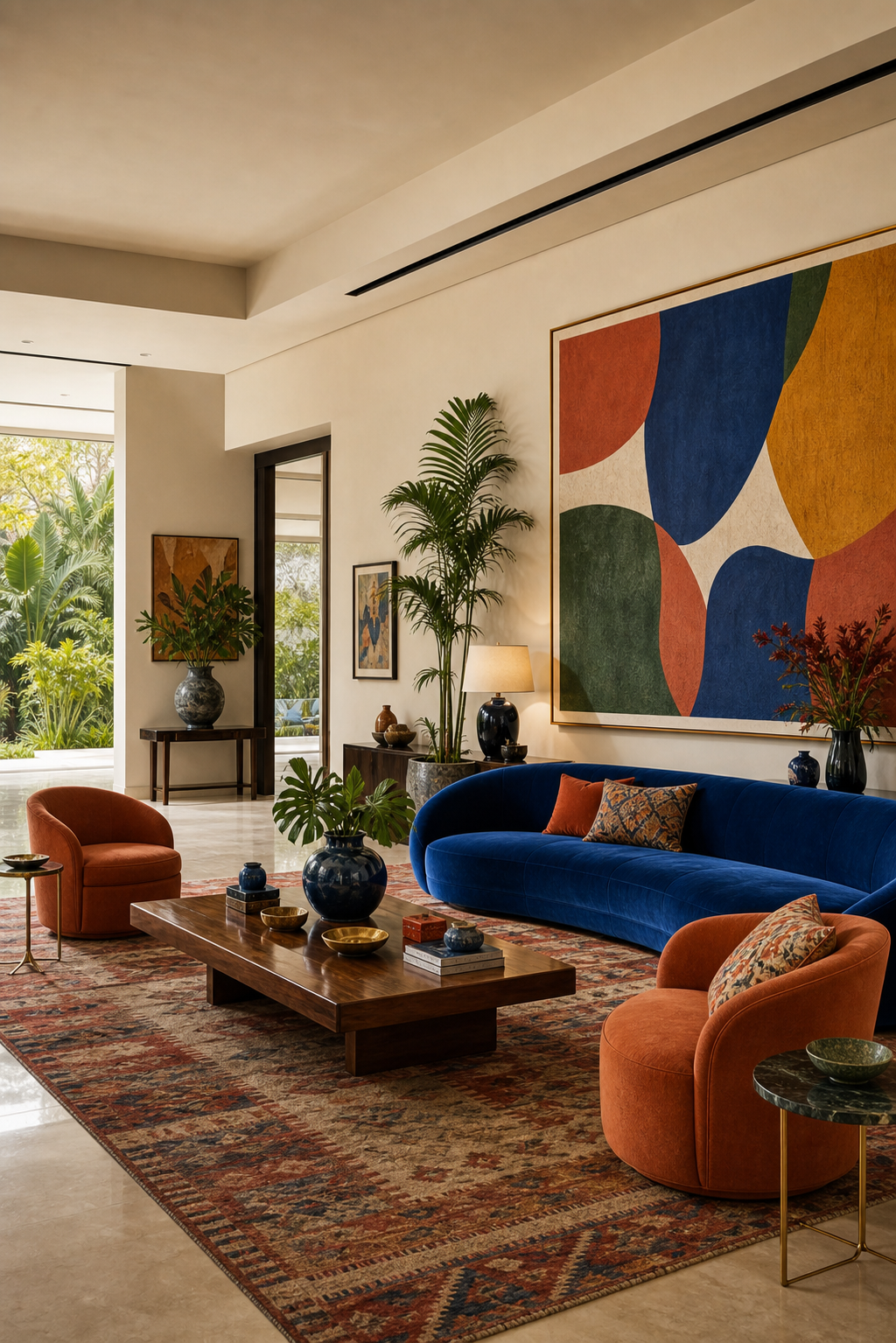Living amplo com sofá azul, poltronas coloridas e quadro grande