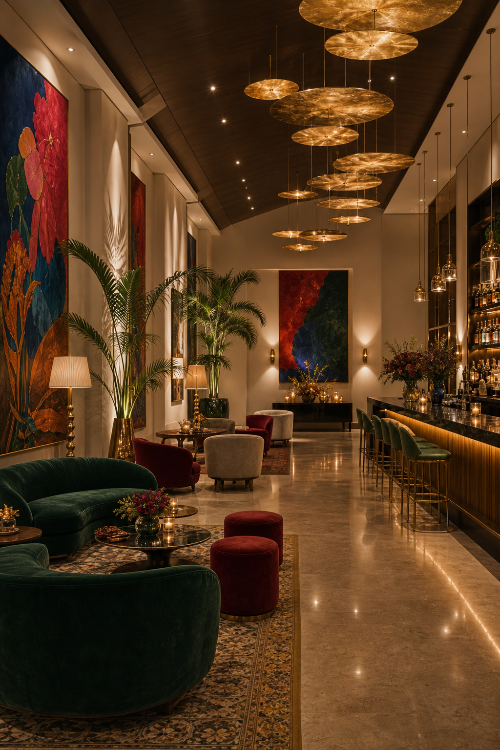 Lounge de eventos espaçoso com bar, arte e móveis coloridos
