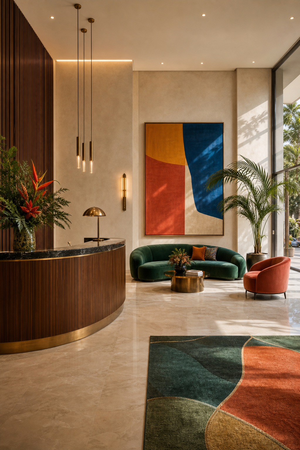 Recepção ampla com arte, sofá verde e poltrona coral
