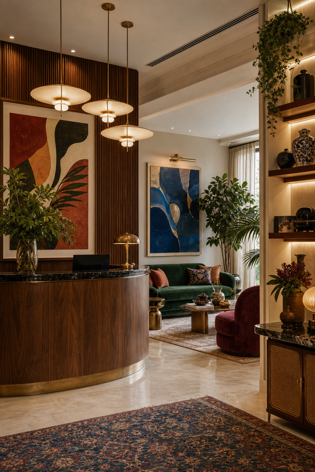 Recepção corporativa elegante com balcão curvo e sala de espera