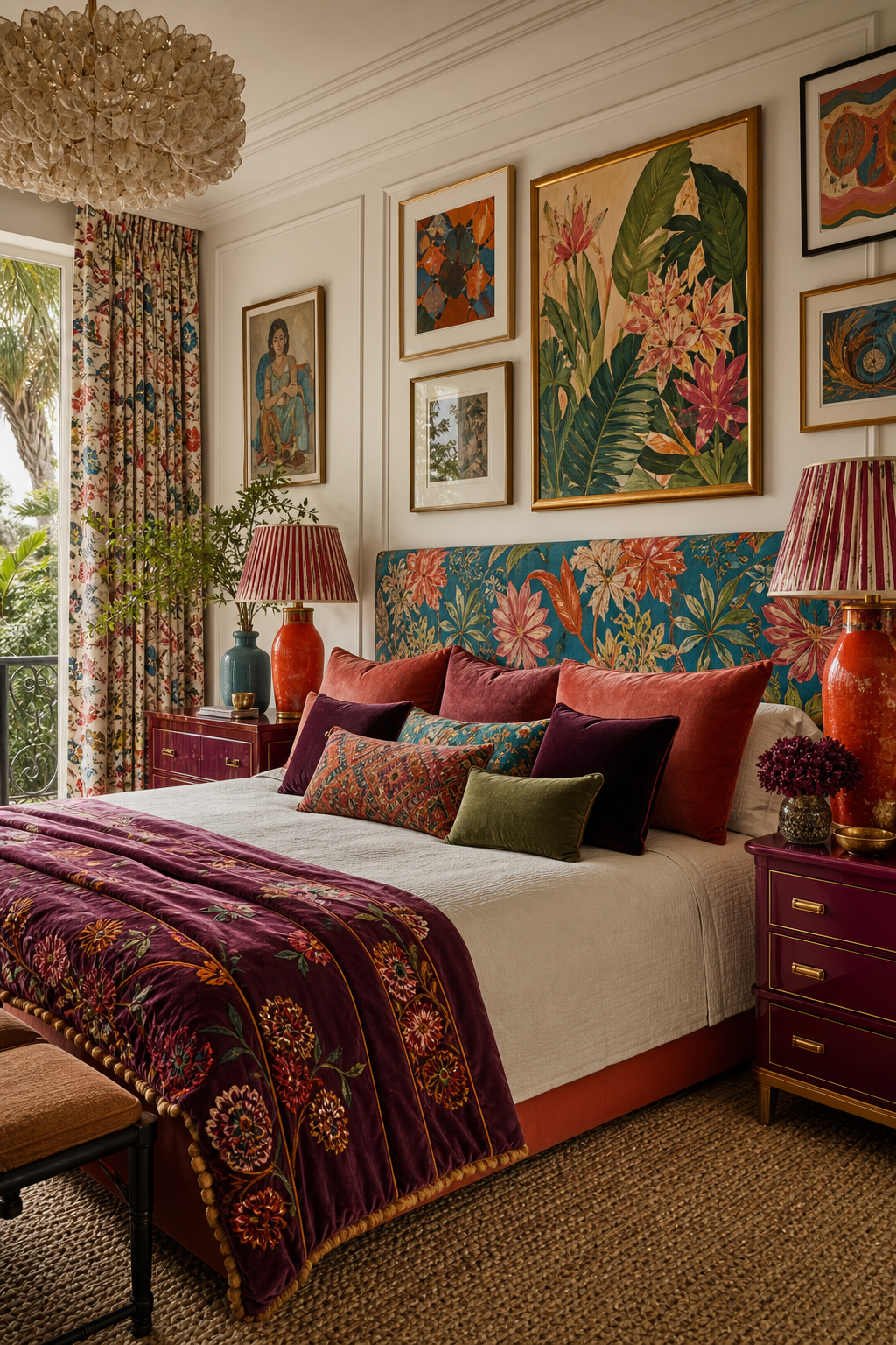 Suite com cabeceira colorida, arte e tecidos estampados